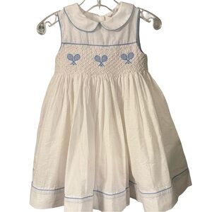 Ralph Lauren Girls Fit/Flare White Cotton Dress Blue Trim Club Collar 12 Mo NWT